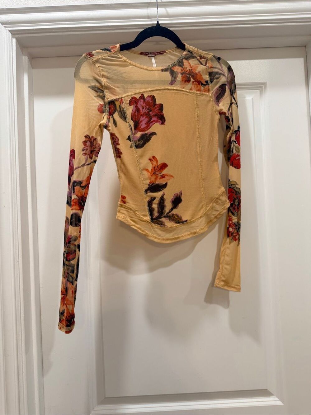 Free People Floral Mesh Long Sleeve Sheer Top Boho Layering Shirt XS